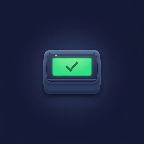 A pager-style device with a glowing green check screen